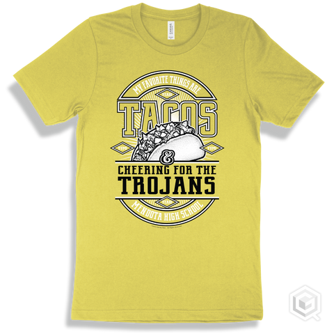 Trojan Yellow T-shirt - My Favorite Things Are Tacos and Cheering for the Mendota High School Trojans Design