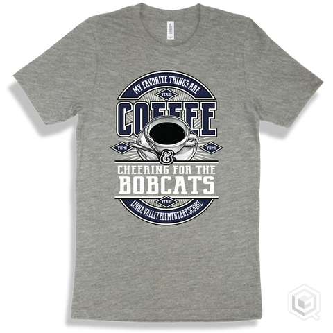 Bobcat Athletic Heather T-shirt - My Favorite Things Are Coffee and Cheering for the Leona Valley Elementary School Bobcats Design