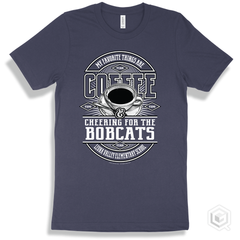 Bobcat Navy T-shirt - My Favorite Things Are Coffee and Cheering for the Leona Valley Elementary School Bobcats Design