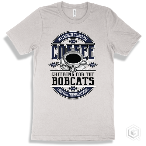 Bobcat White T-shirt - My Favorite Things Are Coffee and Cheering for the Leona Valley Elementary School Bobcats Design