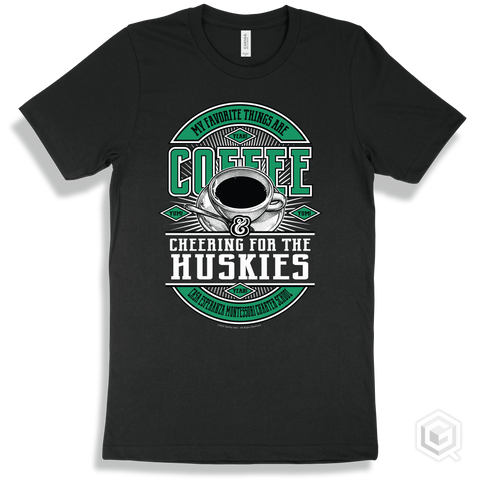 Husky Black T-shirt - My Favorite Things Are Coffee and Cheering for the Casa Esperanza Montessori Charter School Huskies Design
