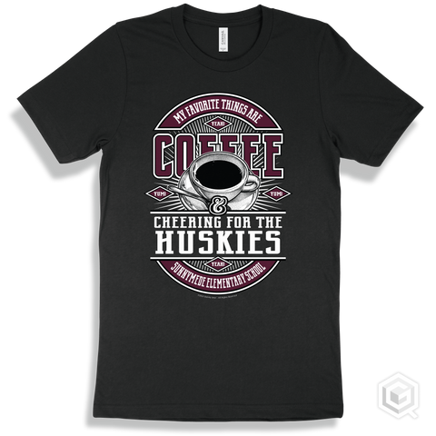 Husky Black T-shirt - My Favorite Things Are Coffee and Cheering for the Sunnymede Elementary School Huskies Design