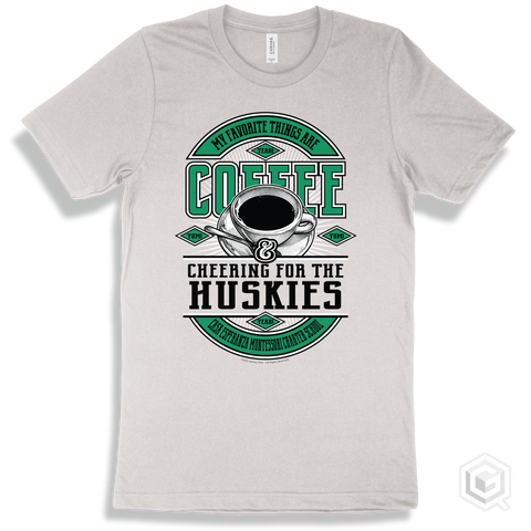 Husky White T-shirt - My Favorite Things Are Coffee and Cheering for the Casa Esperanza Montessori Charter School Huskies Design