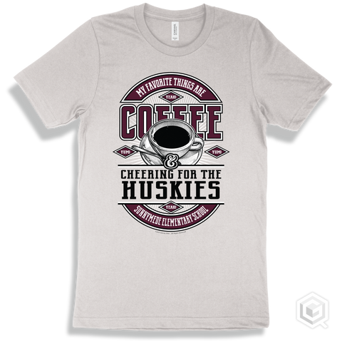 Husky White T-shirt - My Favorite Things Are Coffee and Cheering for the Sunnymede Elementary School Huskies Design