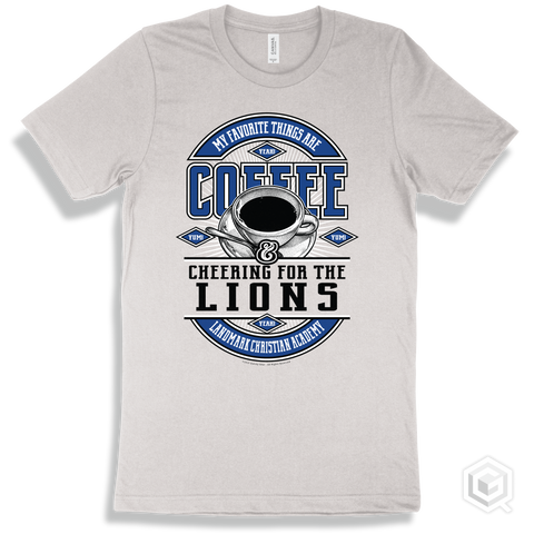Lion White T-shirt - My Favorite Things Are Coffee and Cheering for the Landmark Christian Academy Lions Design