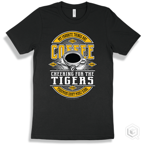 Tiger Black T-shirt - My Favorite Things Are Coffee and Cheering for the Perquimans County Middle School Tigers Design