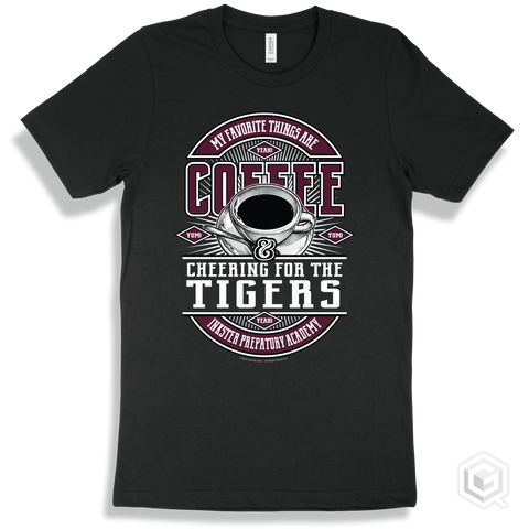 Tiger Black T-shirt - My Favorite Things Are Coffee and Cheering for the Inkster Prepatory Academy Tigers Design