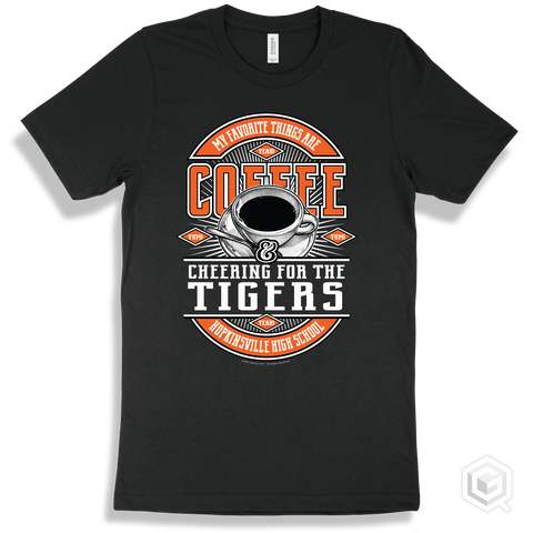 Tiger Black T-shirt - My Favorite Things Are Coffee and Cheering for the Hopkinsville High School Tigers Design