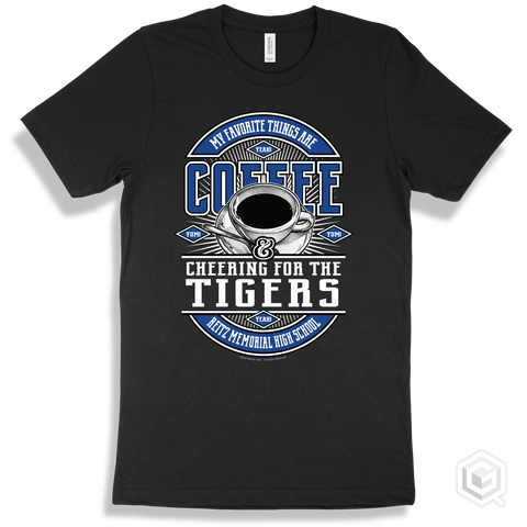 Tiger Black T-shirt - My Favorite Things Are Coffee and Cheering for the Reitz Memorial High School Tigers Design