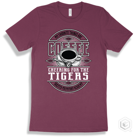 Tiger Maroon T-shirt - My Favorite Things Are Coffee and Cheering for the Inkster Prepatory Academy Tigers Design