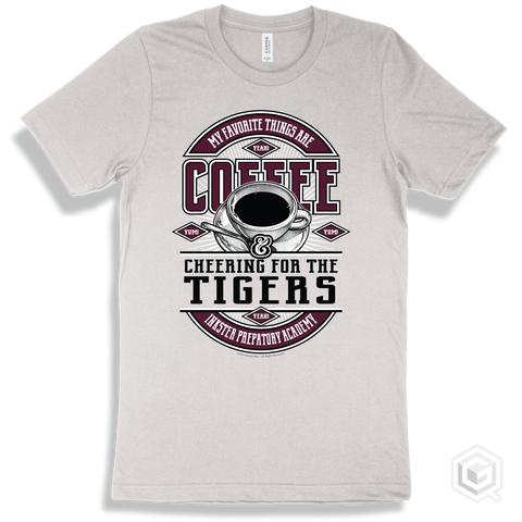 Tiger White T-shirt - My Favorite Things Are Coffee and Cheering for the Inkster Prepatory Academy Tigers Design