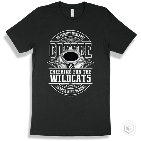 Wildcat Black T-shirt - My Favorite Things Are Coffee and Cheering for the Jasper High School Wildcats Design