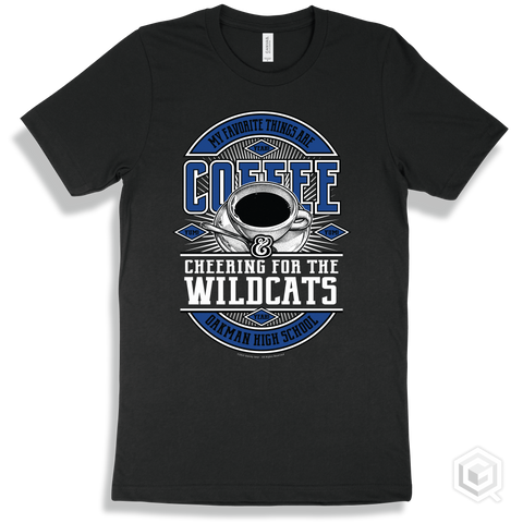 Wildcat Black T-shirt - My Favorite Things Are Coffee and Cheering for the Oakman High School Wildcats Design