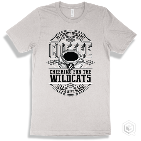 Wildcat White T-shirt - My Favorite Things Are Coffee and Cheering for the Jasper High School Wildcats Design