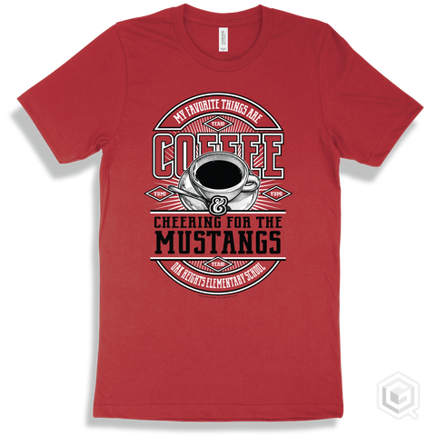 Mustang Red T-shirt - My Favorite Things Are Coffee and Cheering for the Oak Heights Elementary School Mustangs Design