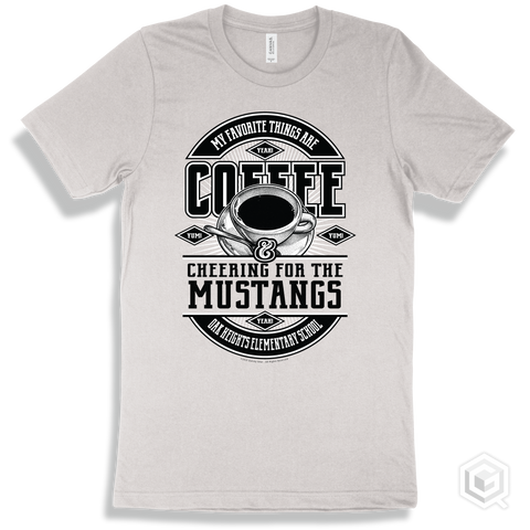 Mustang White T-shirt - My Favorite Things Are Coffee and Cheering for the Oak Heights Elementary School Mustangs Design
