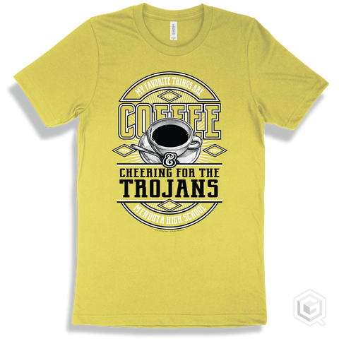 Trojan Yellow T-shirt - My Favorite Things Are Coffee and Cheering for the Mendota High School Trojans Design