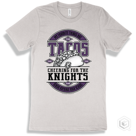 Knight White T-shirt - My Favorite Things Are Tacos and Cheering for the Kinda Average High School Knights Design